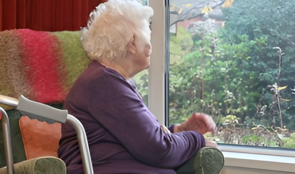 An elderly woman staring outside the window