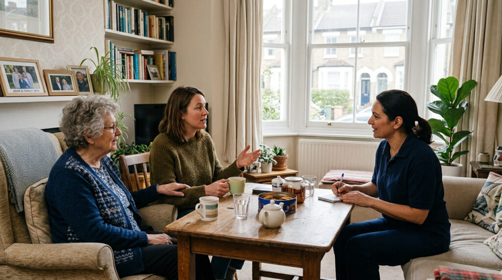 A caregiver talking to an elderly woman and her daughter in a living room