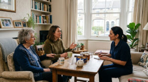 A caregiver talking to an elderly woman and her daughter in a living room