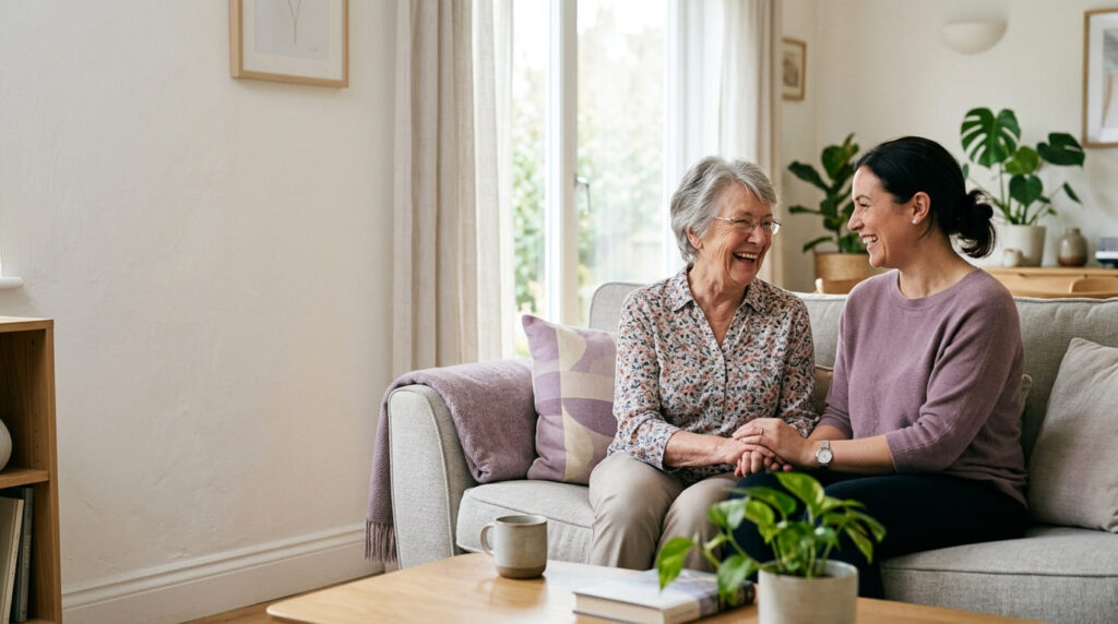 A caregiver sitting with an elderly woman in a living room, they are laughing