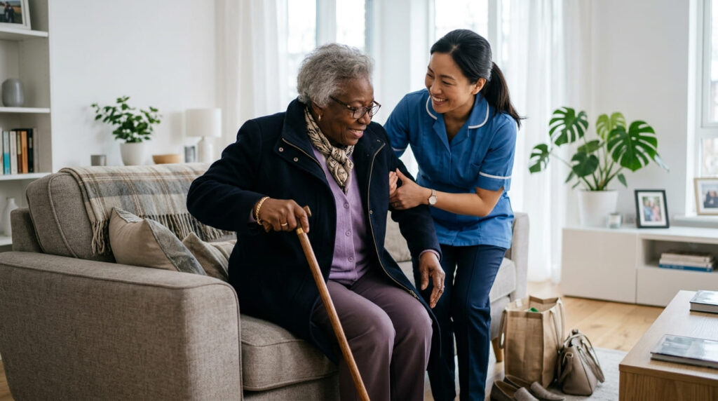 Caregiver supporting an elderly woman as she sits