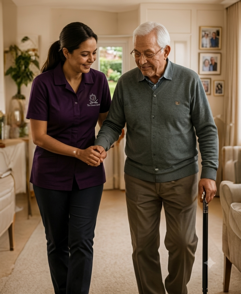 Illustrated live-in care scene at home