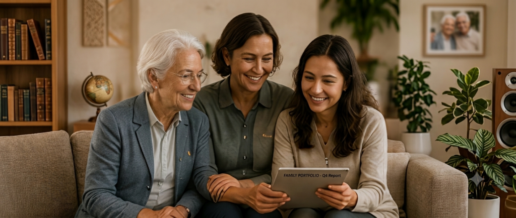 AI-illustrated scene of a carer supporting an elderly person at home
