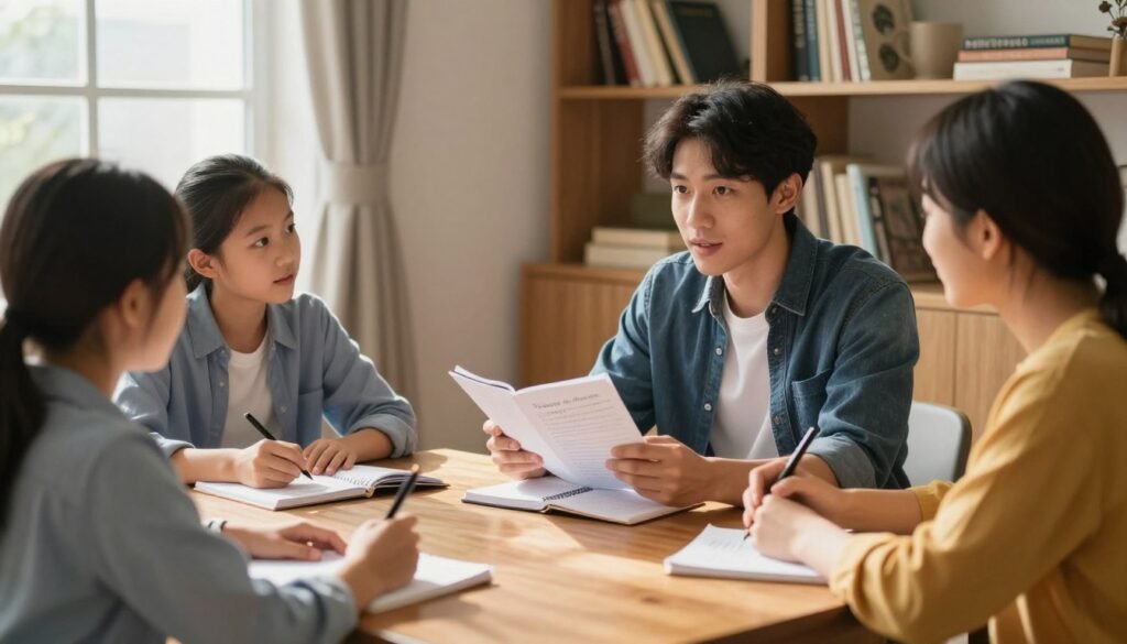 A young adult reviews benefits and money advice with family A young adult reviews benefits and money advice with family