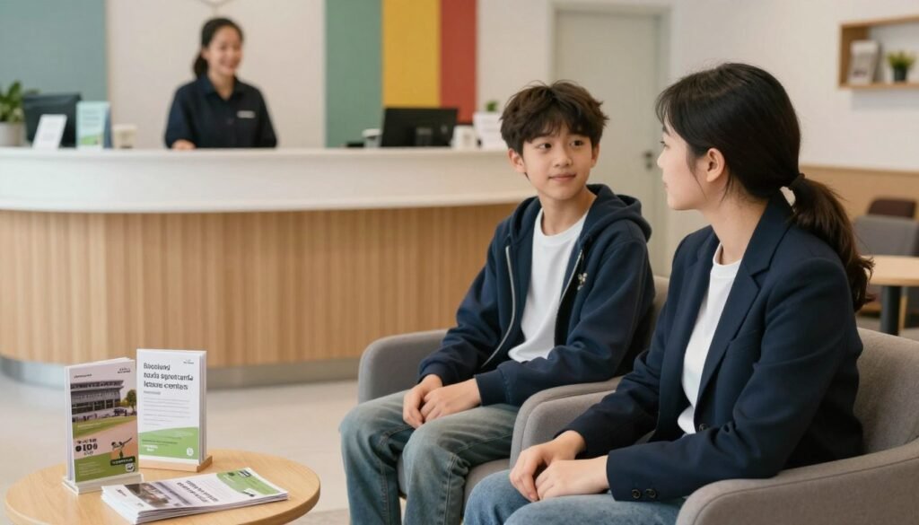 Accompanying adult waiting calmly with a young person at reception Accompanying adult waiting calmly with a young person at reception