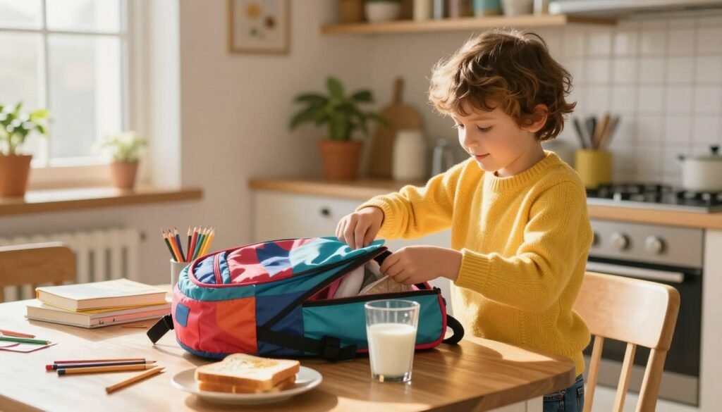 Child packing a school bag after breakfast in the morning Child packing a school bag after breakfast in the morning