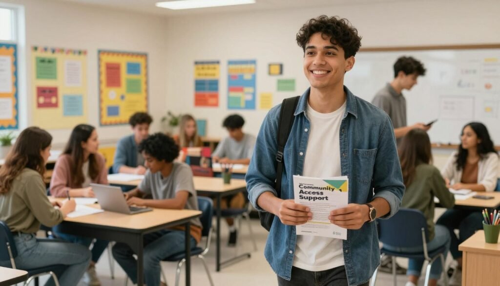 Young adult visiting a class venue with community access support